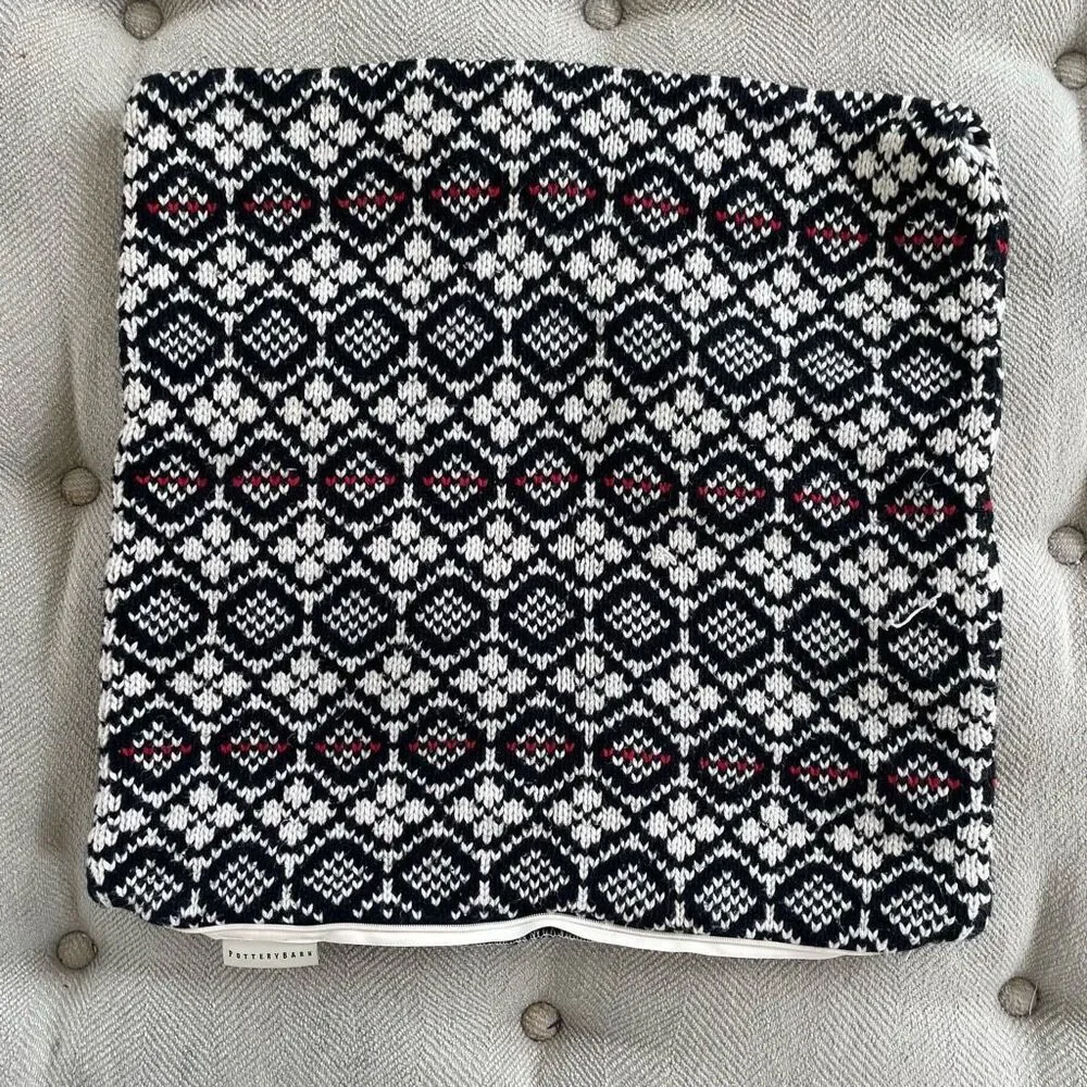 Pottery Barn Lexington Fair Isle Sweater Knit Square Pillow Cover Black Red